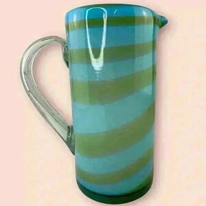 Vintage Art Glass Water Martini Margarita Pitcher Green Blue Handmade Modern.